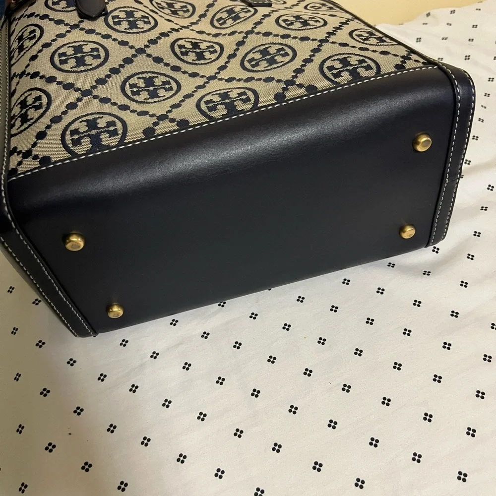 Tory Burch Navy and Cream Monogram Jacquard Small Tote